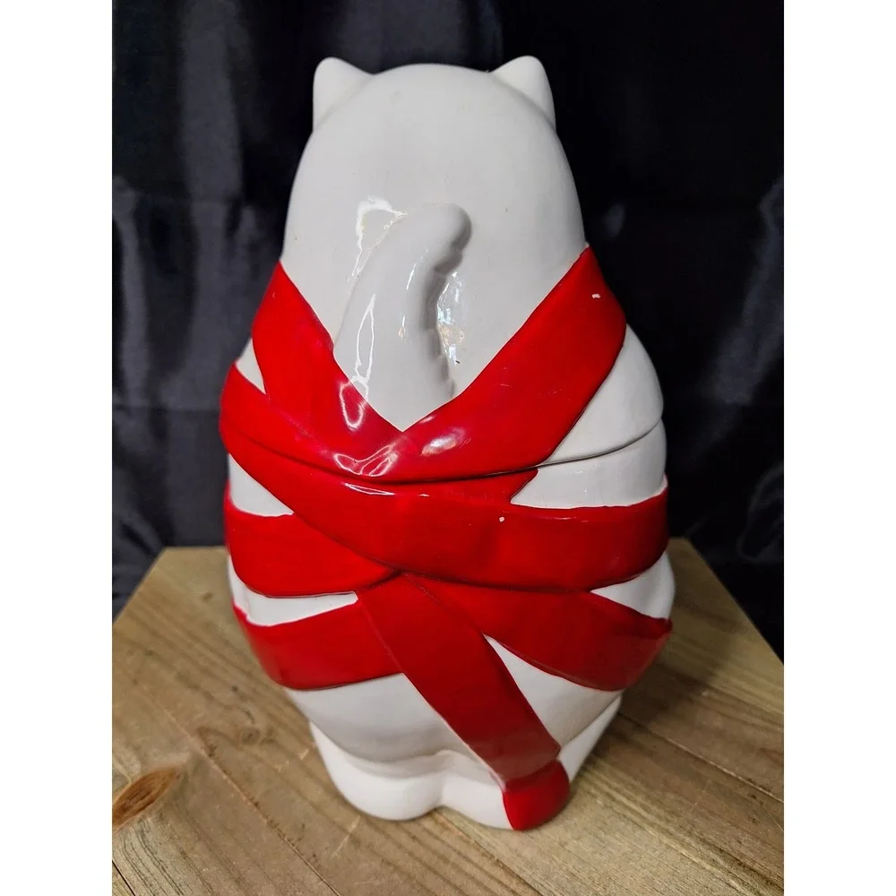MCE EDI Sausalito White Cat Red Ribbon Bell Ceramic Cookie Jar Vintage 1980s